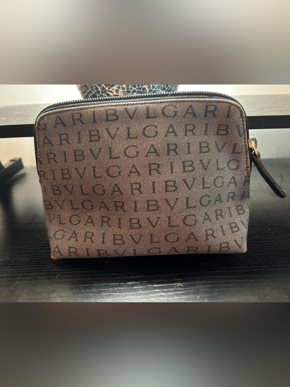 Authentic BVLGARI Logomania Canvas Cosmetic Pouch / Makeup Clutch –Vintage Brown